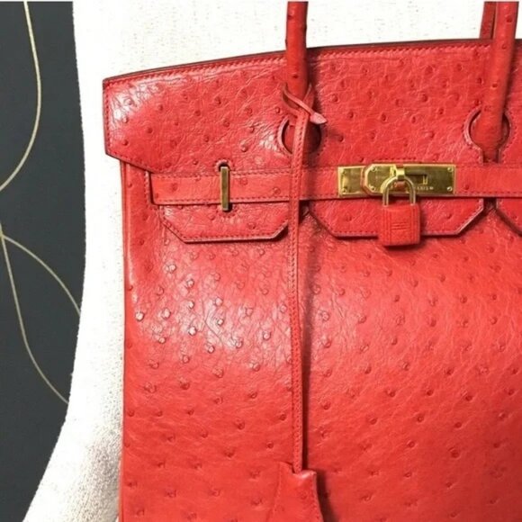 Authentic RARE HERMES Hac Birkin 32 bag Ostrich leather Rouge Vif red - Picture 4 of 11
